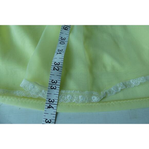 Vtg Yellow Sheer Short Nighty Gown MEDIUM Babydoll Coquette Lace Button Layer - Picture 7 of 8